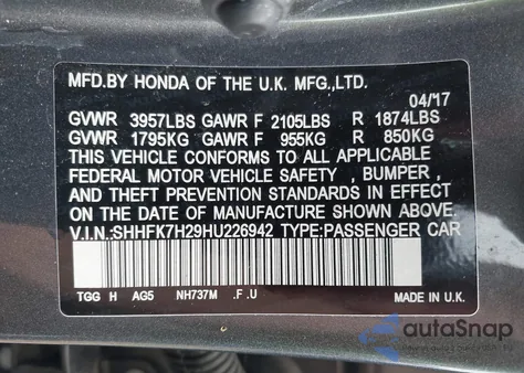 2017 Honda Civic Lx from USA, damaged, VIN SHHFK7H29HU226942